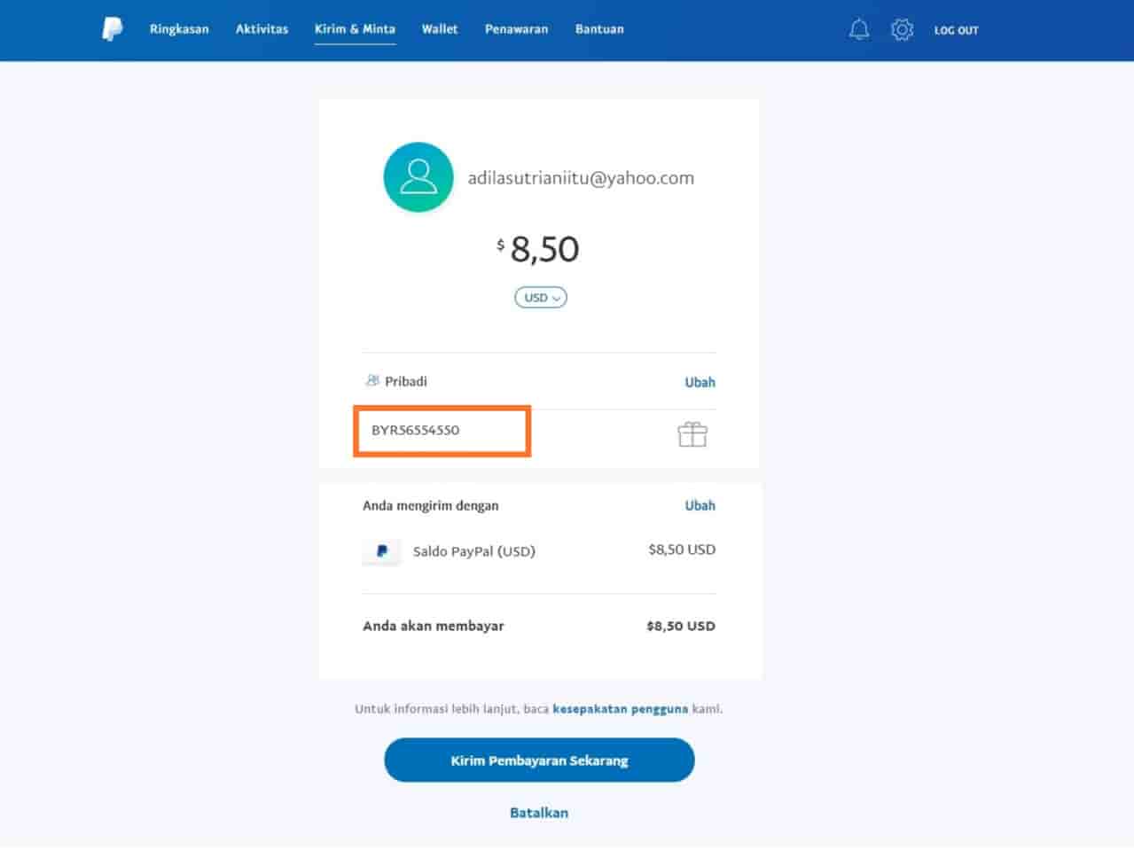 Cara Input Nominal dan Catatan Pembayaran PayPal